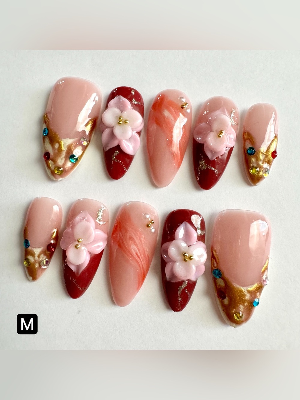 Lux Floral 3D Nail Set - Pink & Red